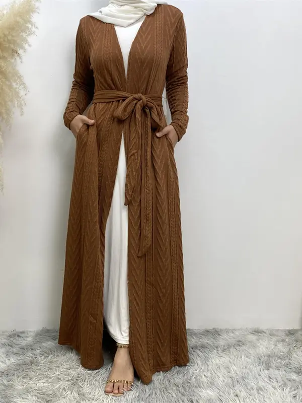 Women's Solid Long Sleeve Belted Abaya Without Hijab, Elegant Pocket Long Sleeve Open Front Outerwear, Fashion Muslim Clothing For Fall & Winter, Abaya Coat 2