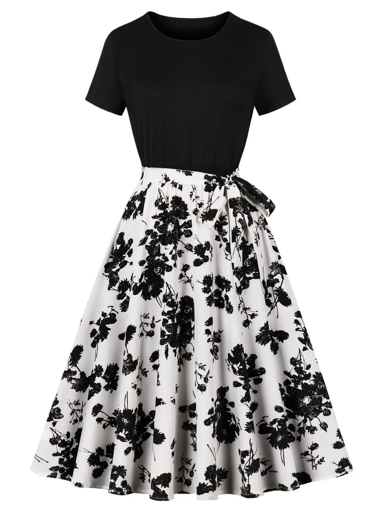 Women's Floral Print Knot Pleated A Line Dress, Elegant Round Neck Short Sleeve Midi Dress for Summer, Ladies Clothes for Beach Holiday Vacation