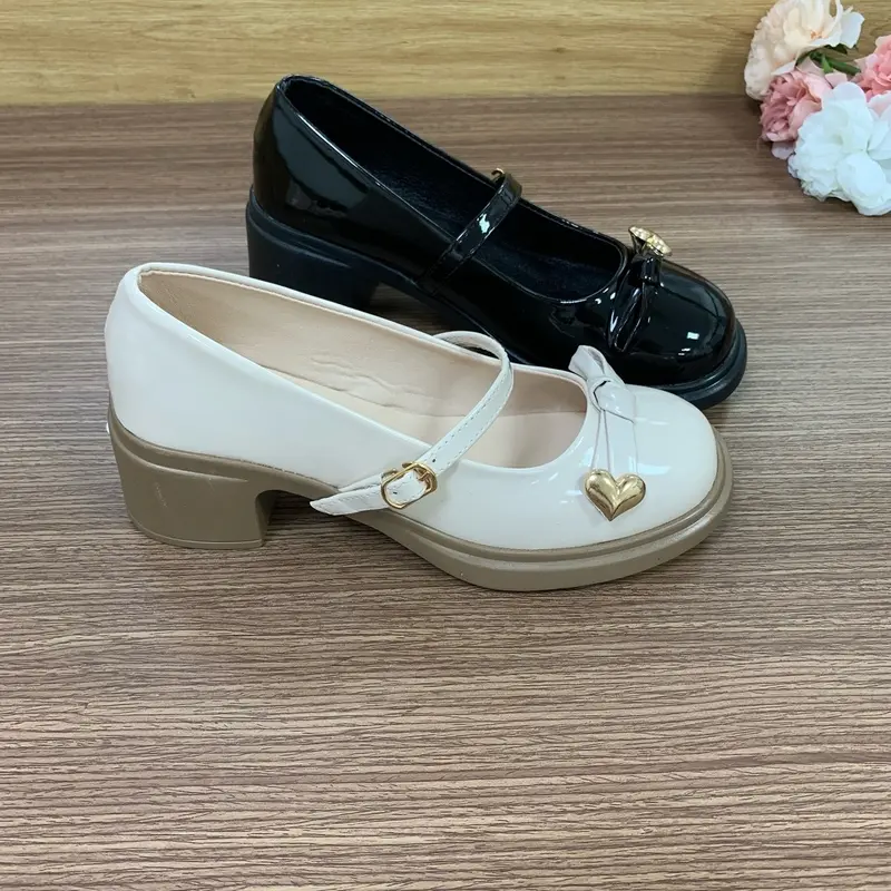 Giày lolita, giày bupbe, nơ tim gót vuông 5cm ,da bóng mềm,quai cài, đi học, đi chơi …( fom 1.5 lùi 1sz , chân tròn dày lấy đúng) Nữ Shoes mary jane 6