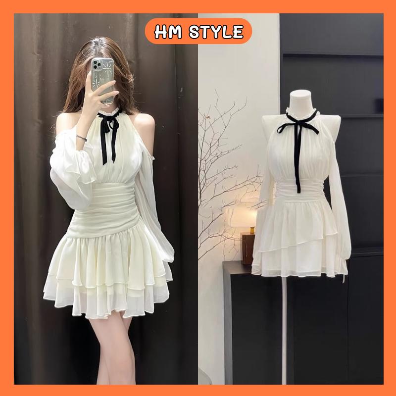 Đầm hở vai phối nơ đen chân váy xoè tầng chất voan 2 lớp váy liền thân dáng xoè có đai eo tiểu thư HV118