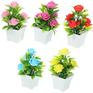 Bunga Mawar Hias Mini Plastik Pot Palsu Dekorasi Meja Rumah Artificial Flowers