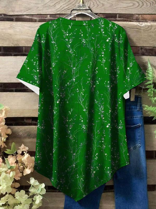 【Plus Size】 Floral Print Tee, Casual Short Sleeve Round Neck T-shirt for Summer, Women's Plus Size Clothing for Daily Wear 1