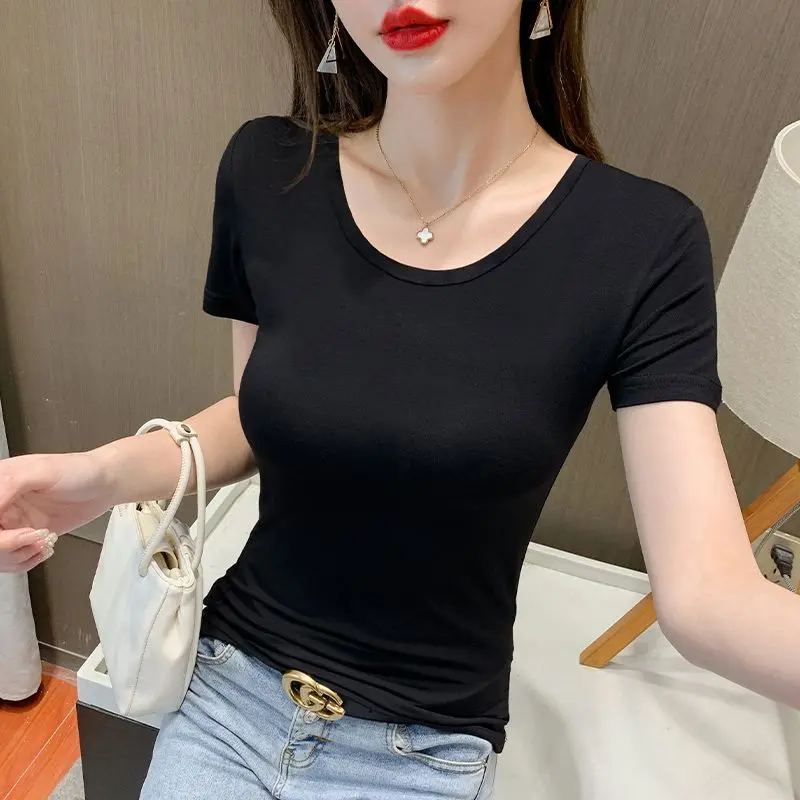 Áo Thun Ngắn Tay Màu Đen, Dành Cho Nữ, 100% Cotton, Bó Sát Và Bó Sát, Hàng Mới Về Năm 2024, Tay Lửng Cổ Tròn, Màu Trơn Áo Khoác
