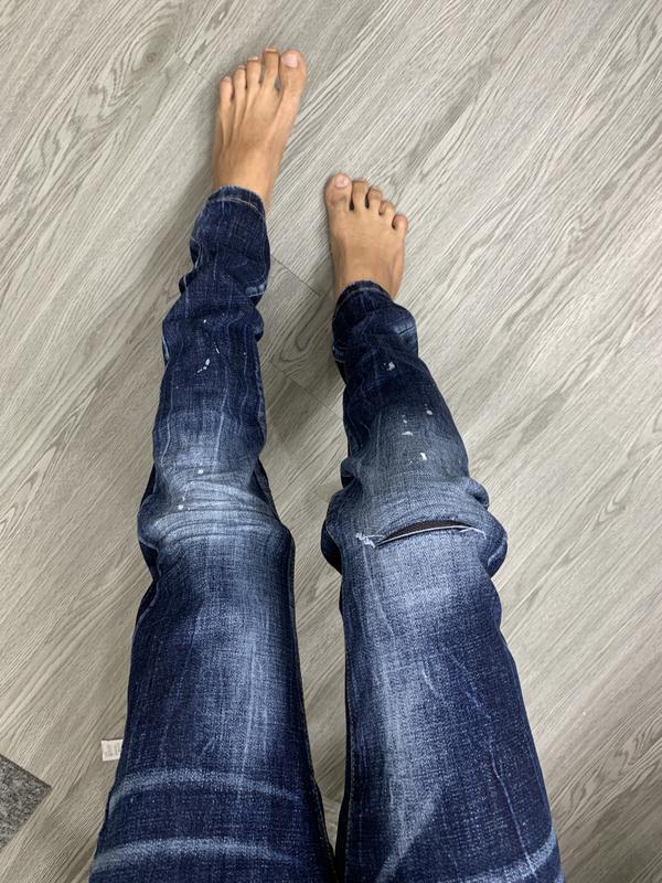 [D336688] Quần jean nam xanh loang trắng rách gối có vá, quần bò nam ống côn chất denim co dãn 4 chiều