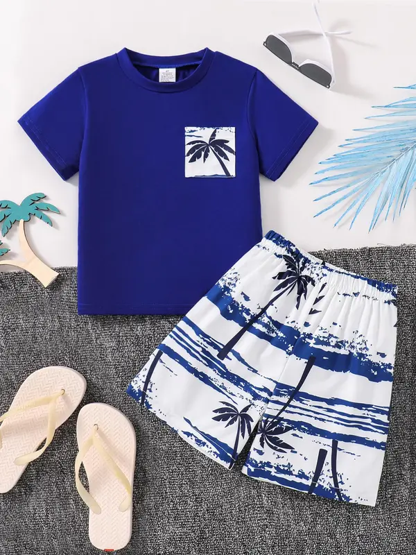 Two-piece Set Boy's Leaf Print Short Sleeve Tee &  Shorts, Casual Summer Clothes for Kids Outdoor Holiday Vacation 0