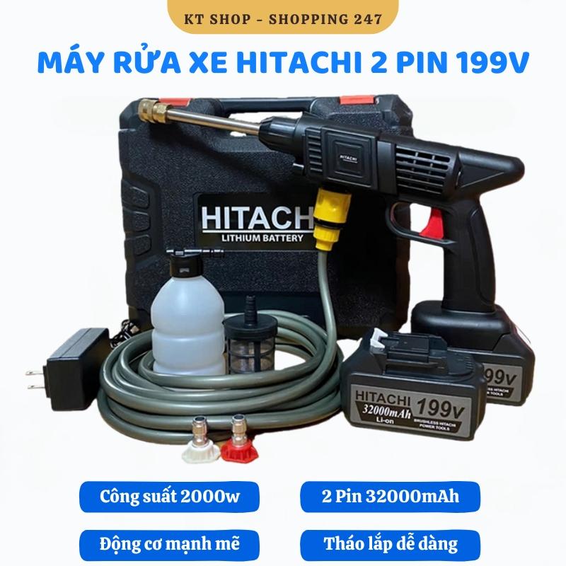 Máy rửa xe HITACHI chính hãng - Máy rửa xe mini cầm tay 2 Pin 199v công suất lớn - Máy xịt rửa xe, sân vườn áp lực cao có bình tạo bọt tiết kiệm nước, phù hợp với mọi gia đình
