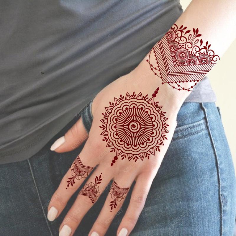 Maroon Brown Henna Tattoo Stickers for Women Waterproof Temporary Tattoos  for Hand Flower Fake Tattoo for Wedding Festival Body Art Tattoo 3