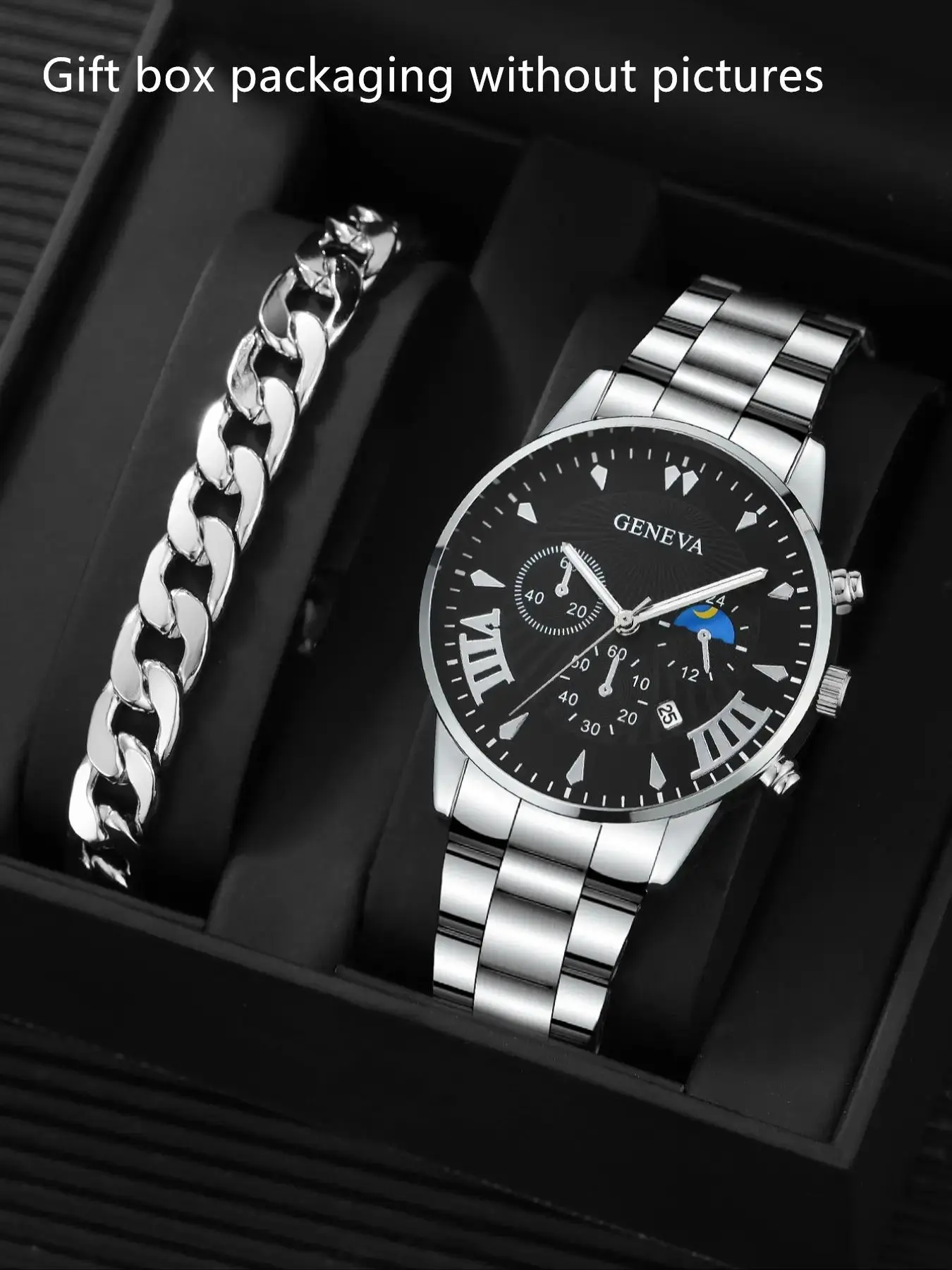 2pcs/Set Men's Business Fashion Casual Round Pointer Calendar Quartz Watch and Link Bracelet Set without Box
