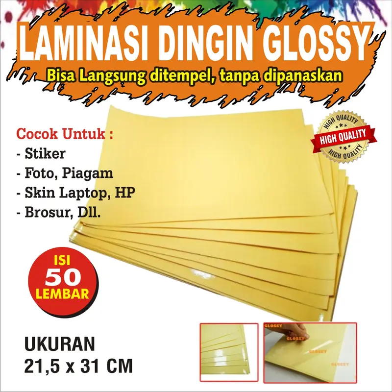 Plastik Laminasi Dingin A4 isi 50 lembar - Motif Glossy, ( Sticker Bening Transparant Pelapis Kertas Foto Glossy Photo Paper 0