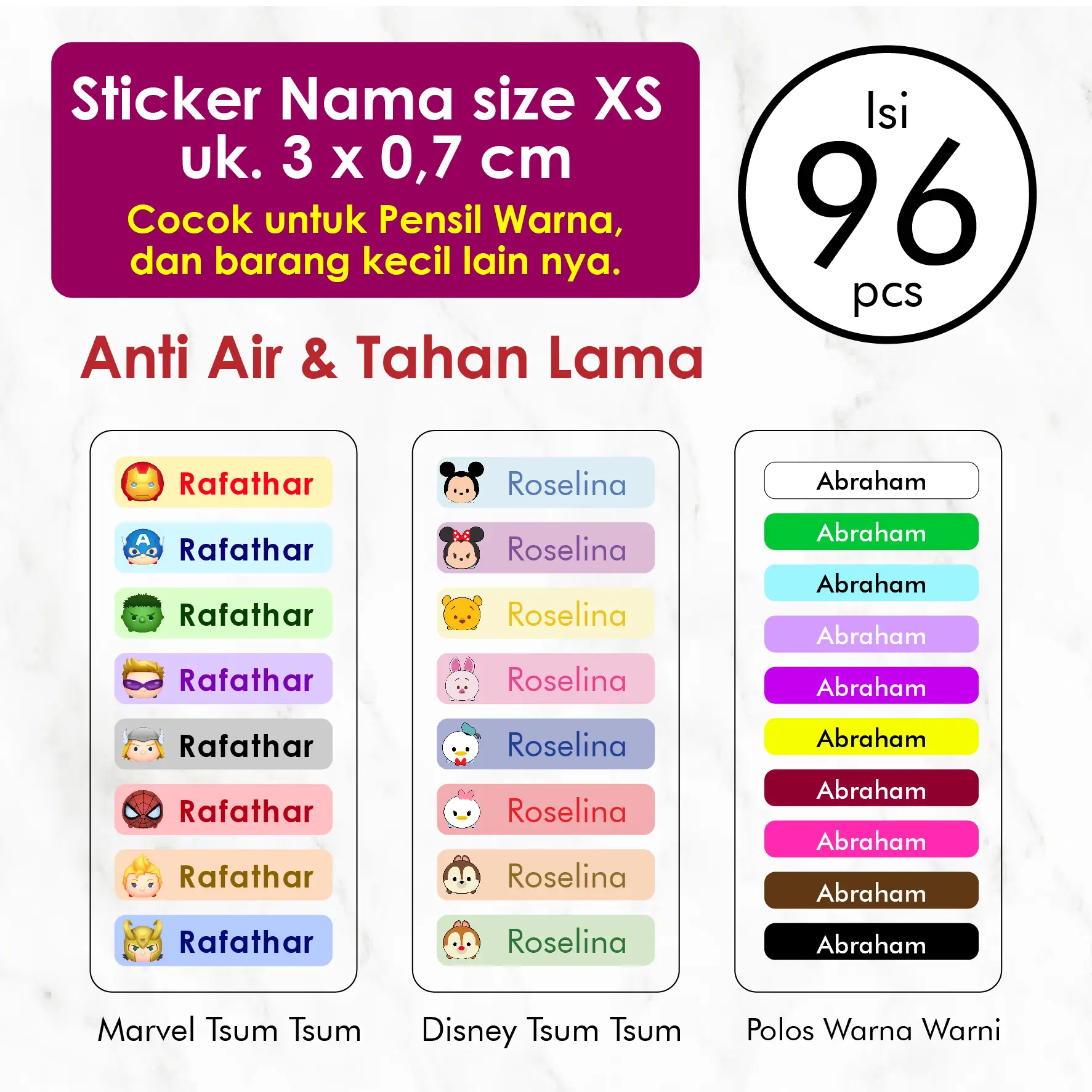 Stiker Label Nama Custom Ukuran Xs isi 96 pcs Label Nama Anak Waterproof Tahan Air Stiker Pensil Warna Label Pensil Label Botol Minum sticker tempat makan stiker mainan Warna Warni Disney Tsum Tsum karakter