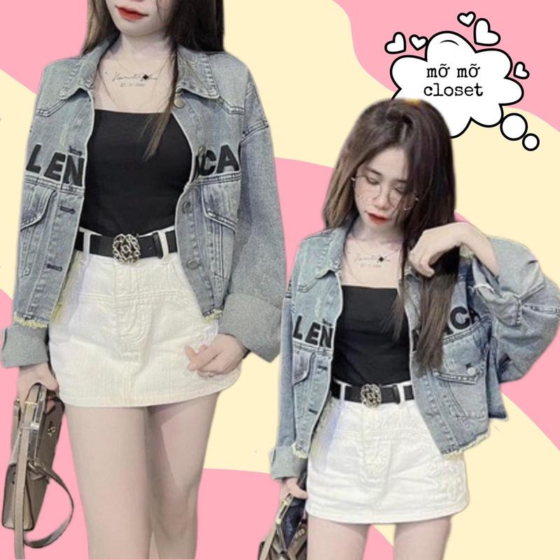 Áo khoác kaki jean form lửng thêu chữ balencaca túi nắp cổ bẻ unisex nam nữ Jacket Women