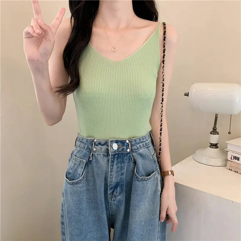 Summer 2024 New Internet Celebrity Tencel Popular Inner Wear Sleeveless Base Tank Top Women's Outer Wear V-neck Knitted Small Hanging