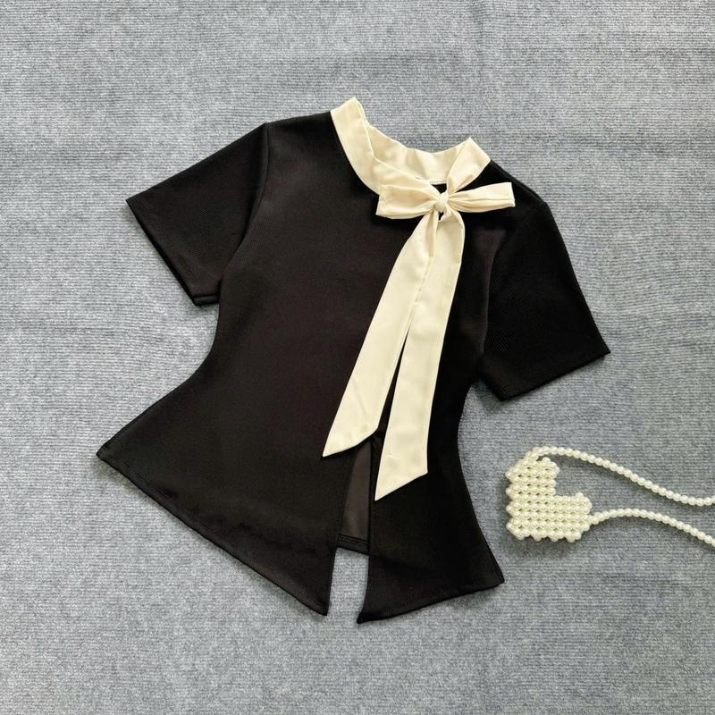  Áo Thun Kiểu Bigsize Nữ Cổ Tròn Phối Nơ Vạt Xẻ Ngắn Tôn Dáng Tiểu Thư Cho Chubby A251 