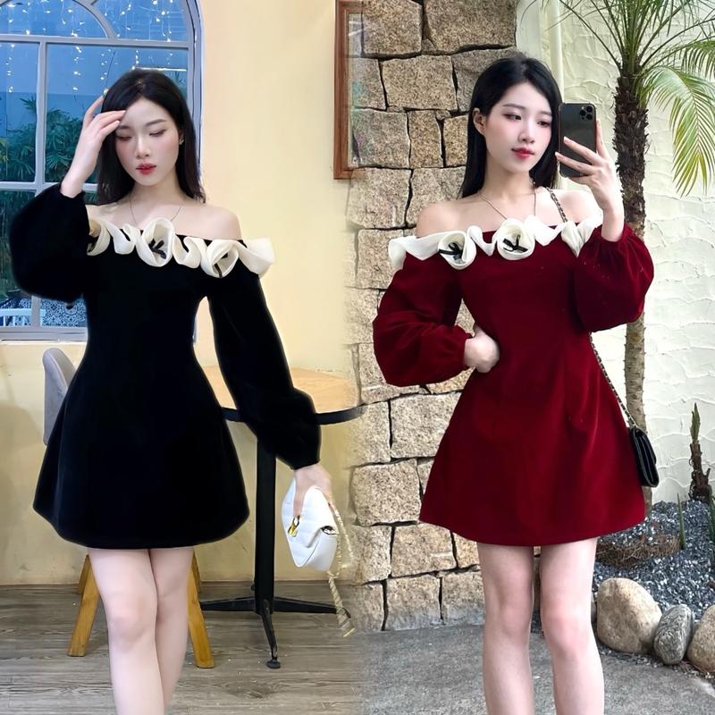   CÓ BIGSIZE  KangStudio -  M085  Váy thiết kế váy nhung liền trễ vai phối hoa bèo trẻ trung tôn dáng 