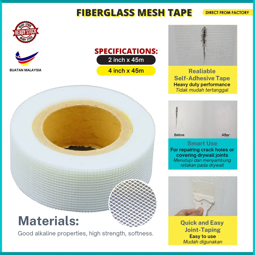 Fiberglass Mesh Tape | 2" x 45M (L) | Premium Quality | Self Adhesive Tape | Strong Adhesive | Drywall Joint Tape