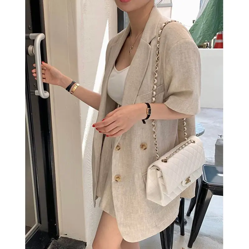 Bộ Đồ Mùa Hè Sang Trọng Phong Cách Pháp Cổ Điển Bộ Sưu Tập Người Hàn Quốc, Áo Sơ Mi Và Quần Đùi Thường Ngày Cổ Áo Vest ngắn Tay Áo, Bó Sát Cạp Cao, Chân Rộng, Dành Cho Nữ, Bộ Đồ Thường Ngày [4488 Bộ Sưu Tập] 5