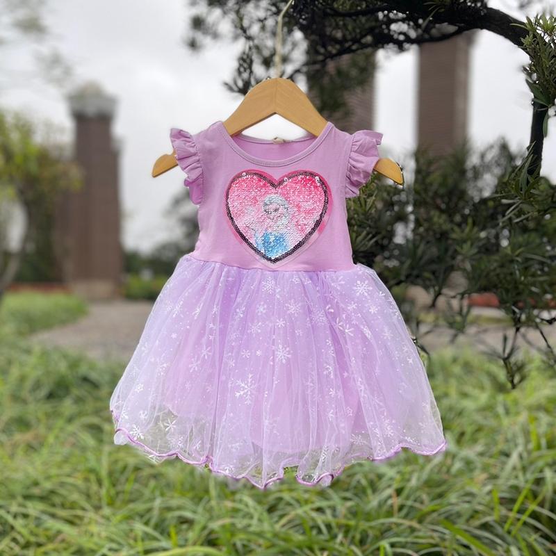 ( Hanglee.review) Váy Elsa Tím Phối Voan mềm, Chất liệu cotton co dãn tốt cho bé gái từ 7kg đến 13,5kg