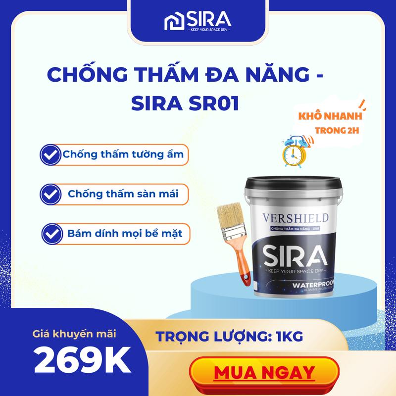 [1Kg] Sơn Chống Thấm Sira SR01 - Chống Thấm Sân thượng, Sàn mái lộ thiên,Máng xối ,Nhà vệ sinh, Chống thấm ngược. Đặc biệt sơn trên nề tường ẩm.  Son chong tham nuoc. Tặng kèm chổi quét sơn  lót