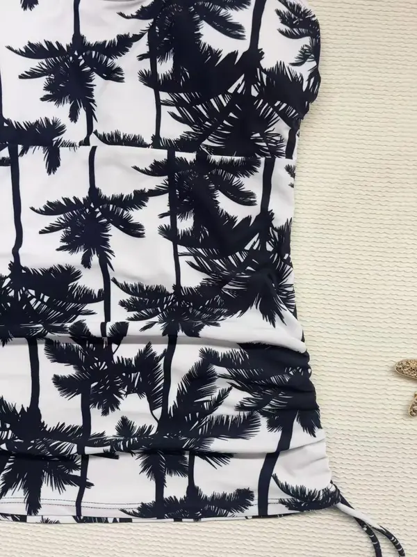 Women's Tropical Coconut Tree Print Swim Top & Solid Color Swim Bottom Tankini Set, High Stretch Casual Fashion Adjustable Strap Drawstring Side Backless Swim Top & High Waist Swim Bottom for Beach Holiday Vacation, Ladies Swimwear for All Seasons 6