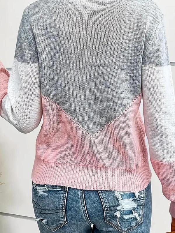 Women's Colorblock Scallop Trim V Neck Sweater, Casual Long Sleeve Jumper for Fall & Winter, Fashion Ladies' Knit Clothing for Daily Wear 1