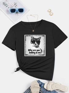ImprinTee Women's Cat & Letter Print Round Neck Tee, Cute Trendy Casual Crew Neck Short Sleeve T-Shirt for Daily Wear, Ladies Summer Outfit