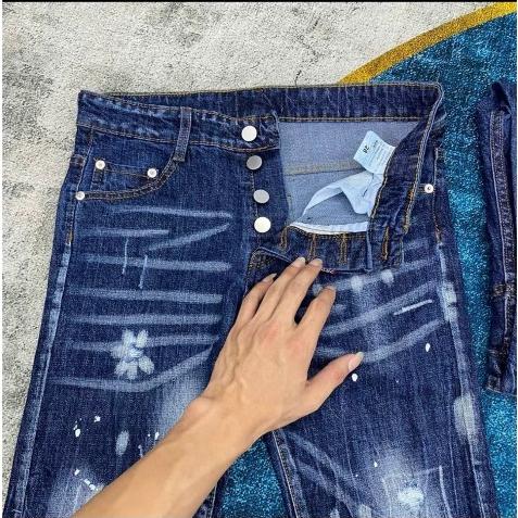 Quần jean nam boy phố cao cấp màu xanh vải chất bò co dãn phối họa tiết phong cách mẫu mới Menswear Pants 1
