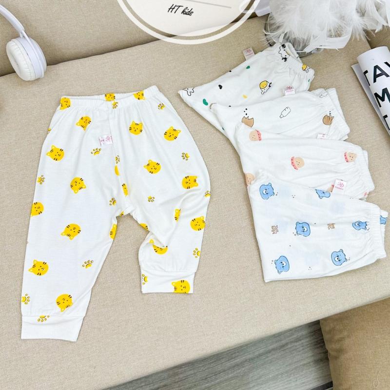 Com bo 10 chiếc quần dài chục đáp đũng cho bé trai bé gái chất thun lạnh nền trắng họa tiết thú đáng yêu 4-14kg
