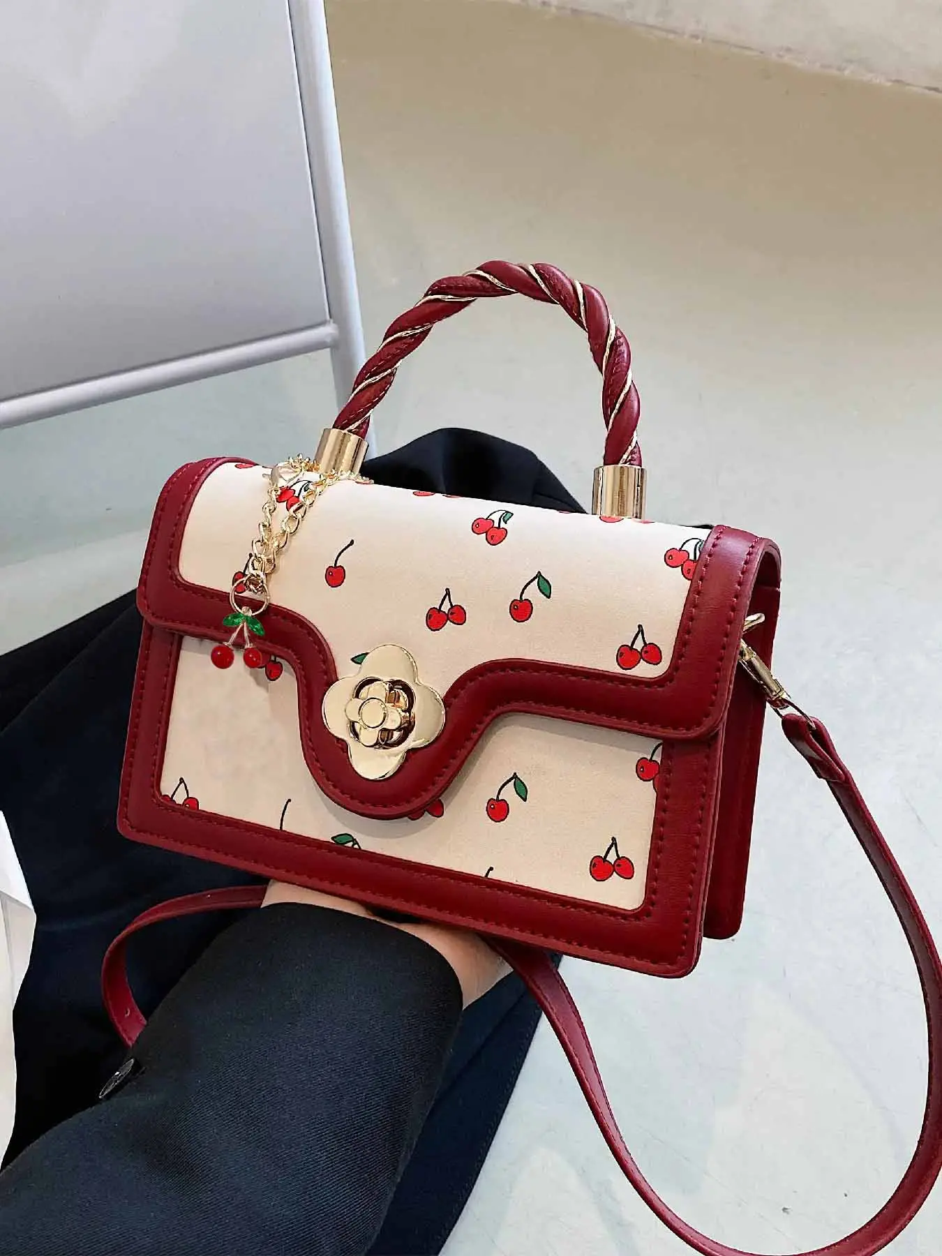 Cute Colorblock Cherry Pattern Handbag, Fashion Contrast Binding & Twist Design Top Handle Satchel Bag with Cherry Charm, Elegant Crossbody Bag for Women for Daily Use