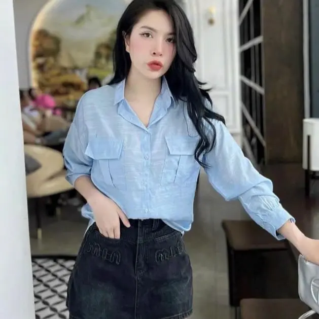 Áo sơ mi nữ tay dài chất tơ rũ mềm mại 2 túi 2 nắp xinh tay phồng nhẹ phom dáng hàn quốc. Women Top Voi Shirt Trắng tím pastel 2