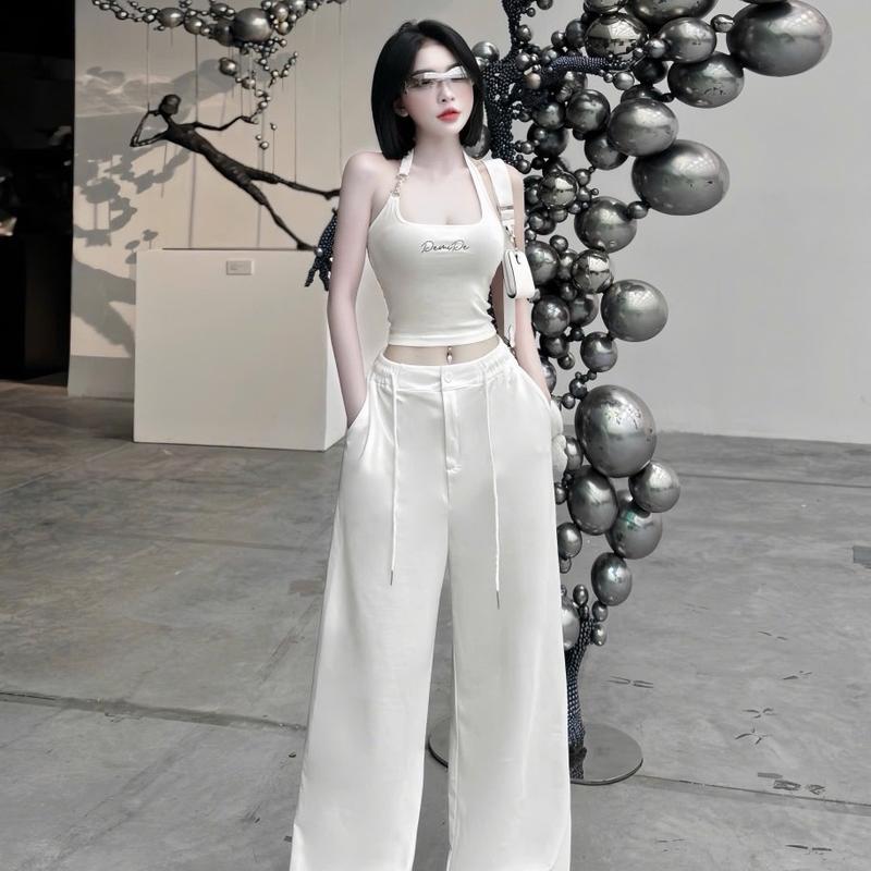 Set áo 2 dây mix quần xuông với 2 tone màu basic Nữ Kem Women Voi Trắng 1