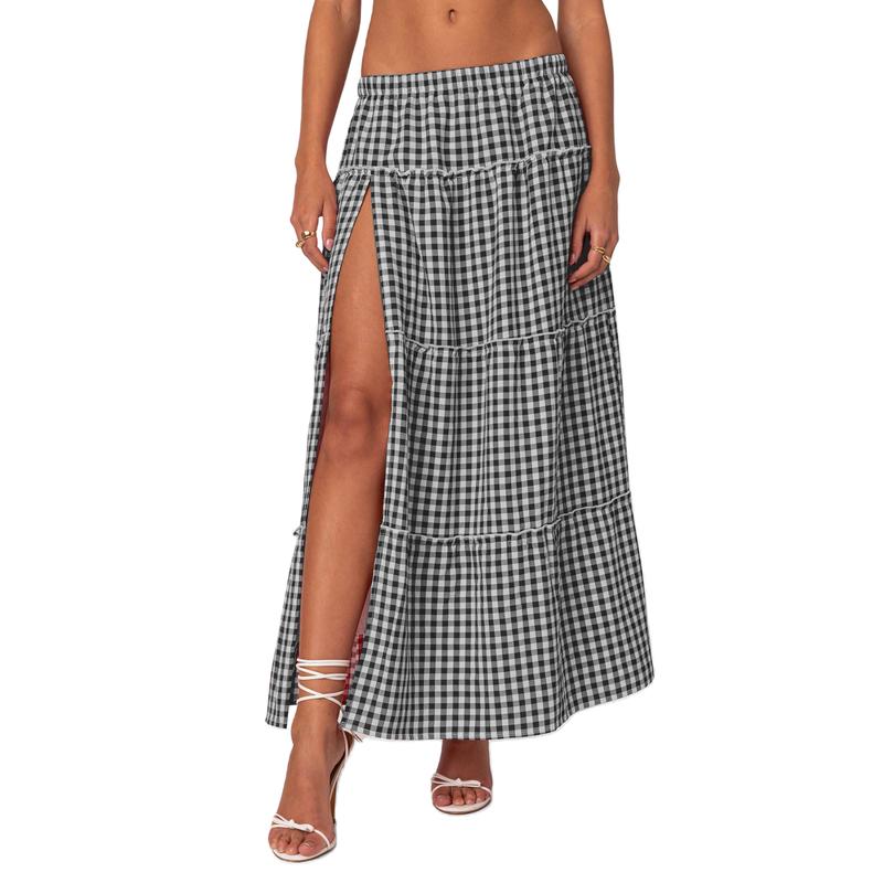 TikTok Shop Women Plaid Maxi Skirt with Slit Frill Tiered Flowy A Line Maxi Skirt Gingham Thigh High Split Long Skirt