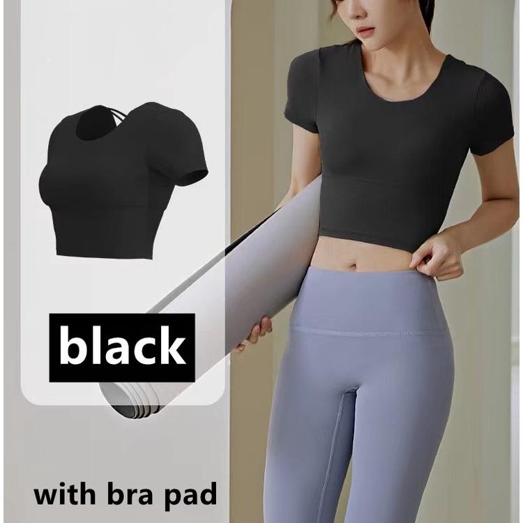 Maglietta sportiva da yoga semplice ad asciugatura rapida, ad alta resistenza, a maniche corte, con supporto, da corsa_voghion.com
