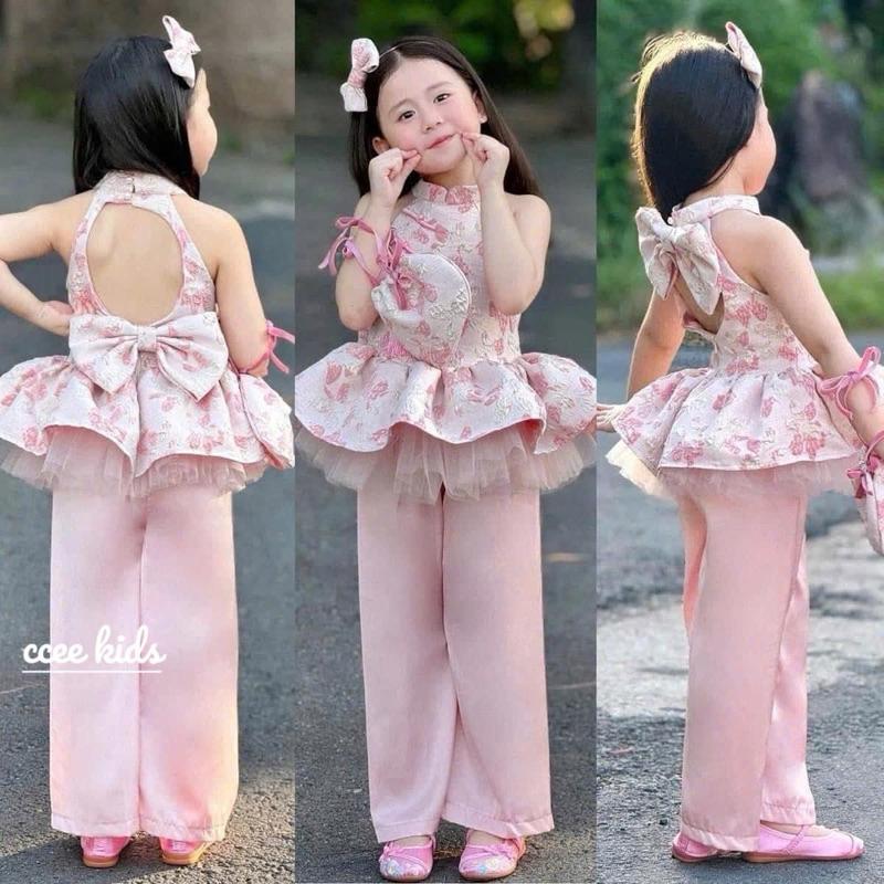 Set bộ bé gái CS734, Set áo cổ yếm hồng quần lụa 4 chi tiết cho bé gái mặc tết