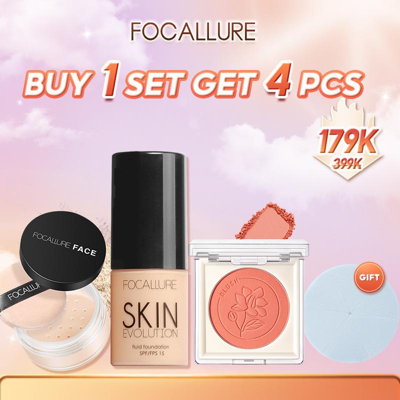 FOCALLURE Combo 4 Món Trang Điểm Mặt Kem Nền Dạng Lỏng + Phấn Phủ Dạng Bột + Phấn Má Hồng Dạng Nén + Tặng Bông Mút Bộ Trang Điểm Phù Hợp Cho Người Makeup Hằng Ngày Cho Mọi Loại Da