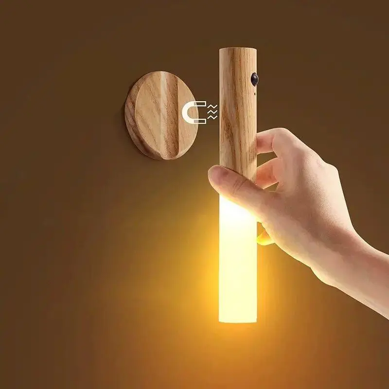 USB Rechargeable LED Wall Mounted Light, Move Sensor Night Light, Magnetic Wall Sconce, Wireless Staircase Light, Indoor Wooden Wall Sconce