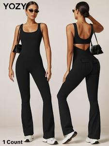 YOZY Women's Solid Backless Ruched Jumpsuit, Casual Sporty Pocket Sleeveless Jumpsuit for Outdoor Running, Ladies Clothes for All Seasons