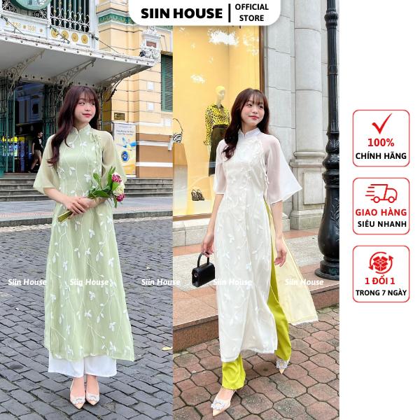 (CẢ BỘ) Sét Áo Dài Cách Tân Thêu Hoa Nổi + Quần Lụa siêu xinh có big size (Ảnh thật shop chụp) Nữ Women 4 tà