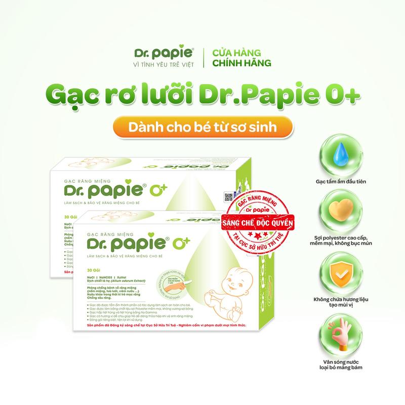 Combo 2 hộp Gạc rơ lưỡi Dr.Papie 0+ tiêu chuẩn 5 sao làm sạch răng lưỡi nướu khoang miệng cho bé sơ sinh 30 gói hộp