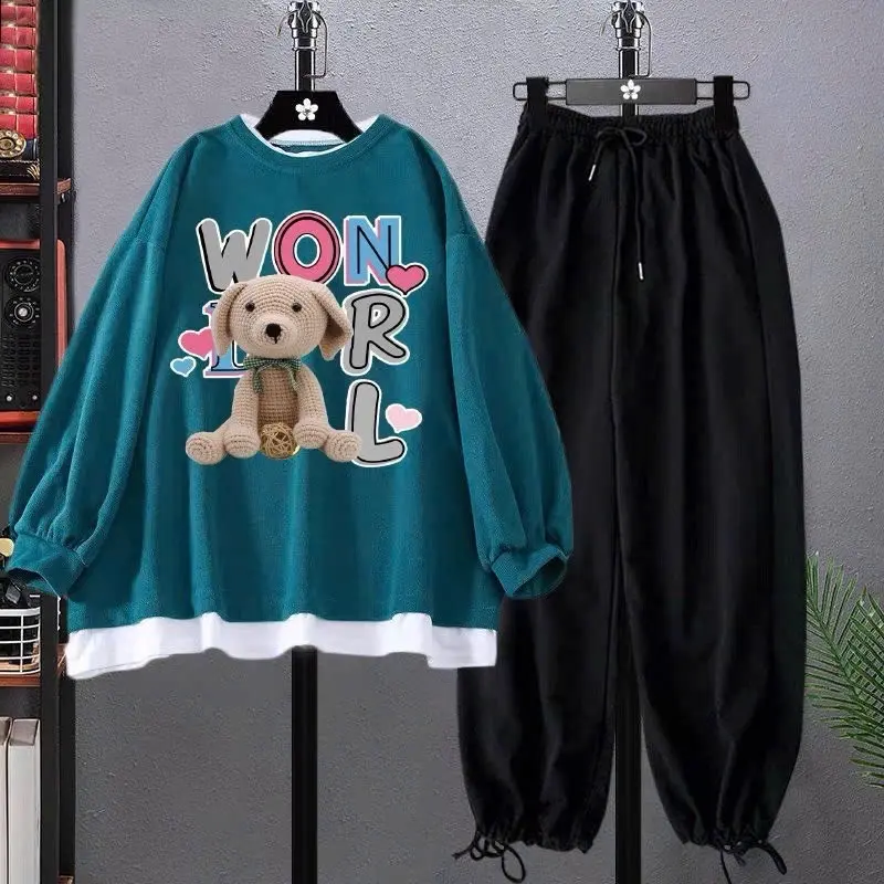Bộ đồ nỉ phối gấu in hình cún Won kèm quần bom dây rút cho nữ - Women