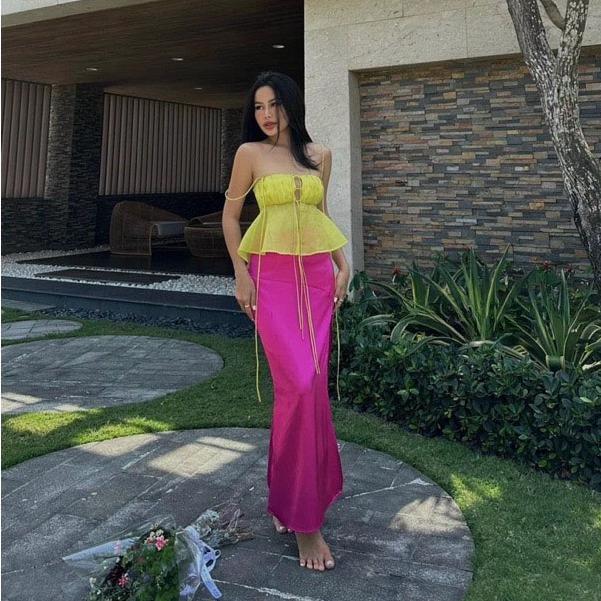 M915 -Set áo voan hai dây cổ yếm hở lưng phối chân váy dài