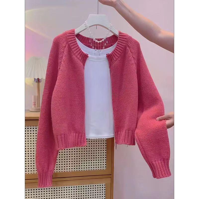 Áo Khoác Cardigan Có Khóa Kéo, Dáng Ngắn Và Dáng Rộng Vừa Vặn, Màu Đỏ Hồng, Phong Cách # u3788 Nữ Women 1