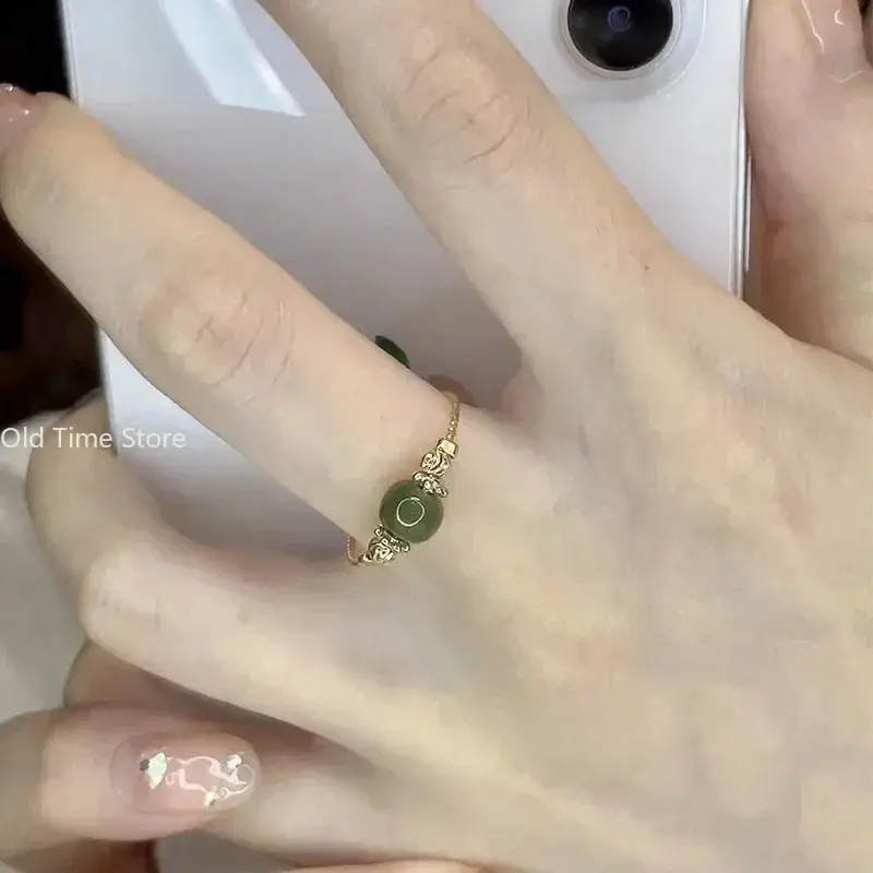 Gold Color Party Creative Jewelry New Vintage Fashion Adjustable Rings for Women Can Turn To Relieve Anxiety Jade Ring 3