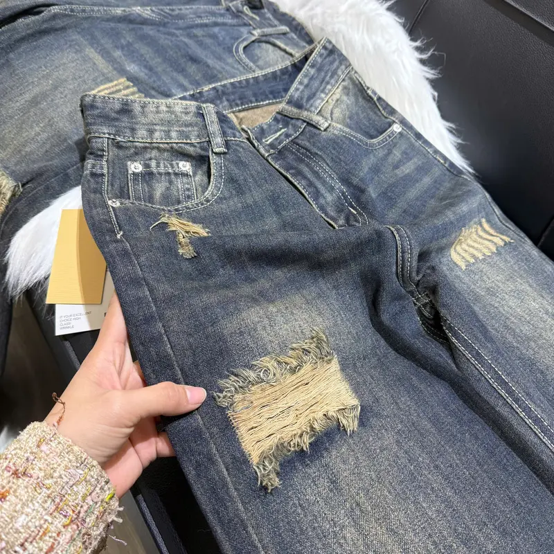 [N823-NaNa Denim Fashion] Quần Jean suông phối rách màu bụi dơ chất vải QCCC dài 103cm 2