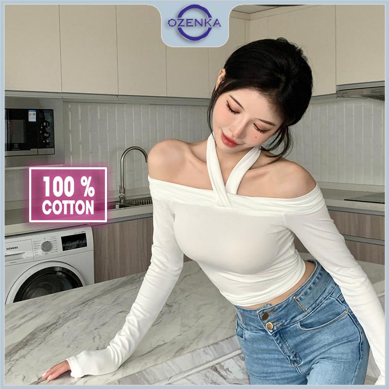 Áo croptop nữ tay dài trễ vai cổ v OZENKA , áo crt ôm body thun 100% cotton màu đen trắng gợi cảm dưới 55 kg Sơ Mi Cổ Tròn Jean Women