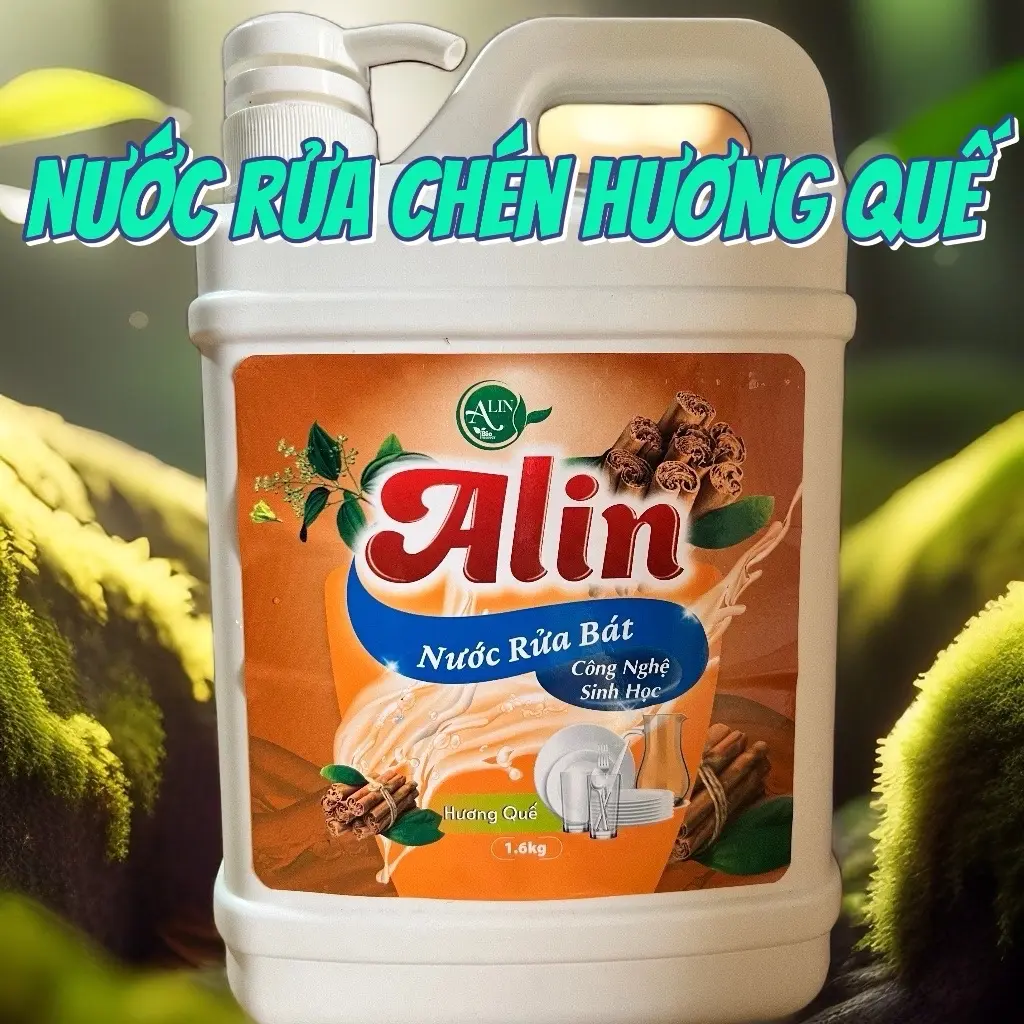 Nước rửa chén Alin hương quế can 1,6kg   .Làm sạch những vết dầu mỡ cứng đầu. An toàn cho da tay
