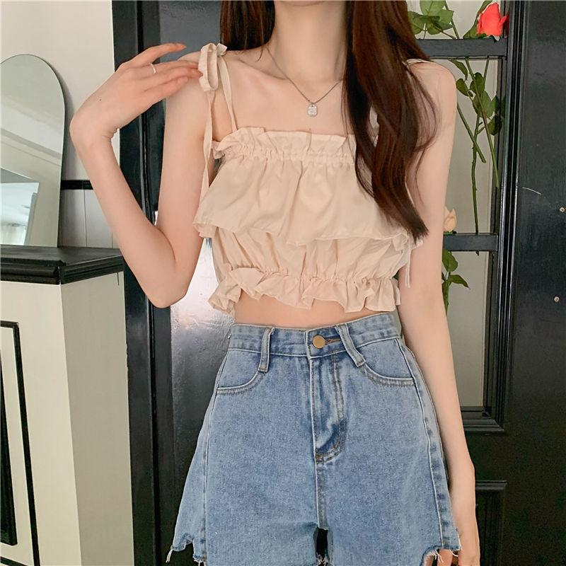 Product Introduction of Women's 2023 New Summer Tank Top with Ruffle Edge Strap Top High Waist Sleeveless Bra and Open Umbilical Top Womenswear Tube Lingerie Comfort Basic Minimalist Spaghetti Strap 3