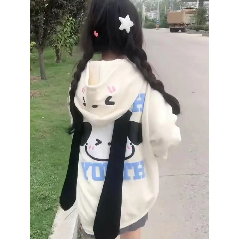 Áo Khoác Có Mũ Trùm Đầu, Phong Cách Hàn Quốc, Chống Lão Hóa, Mùa Thu Mới, Lót Lông Cừu, Tai Dài, Hợp Xu hướng, Dáng Rộng Rãi Và Thường Ngày, Phong Cách Cô Gái Nóng Bỏng, Áo Cardigan, Dành Cho Nữ Top Hoodie 3