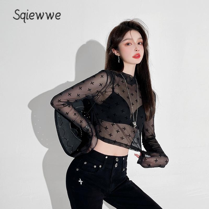 SS24 Women Crop Cover-Up Tops Cross Print Sheer Long Sleeve Shirt Casual Pullovers for Club Streetwear Aesthetic Clothes 6