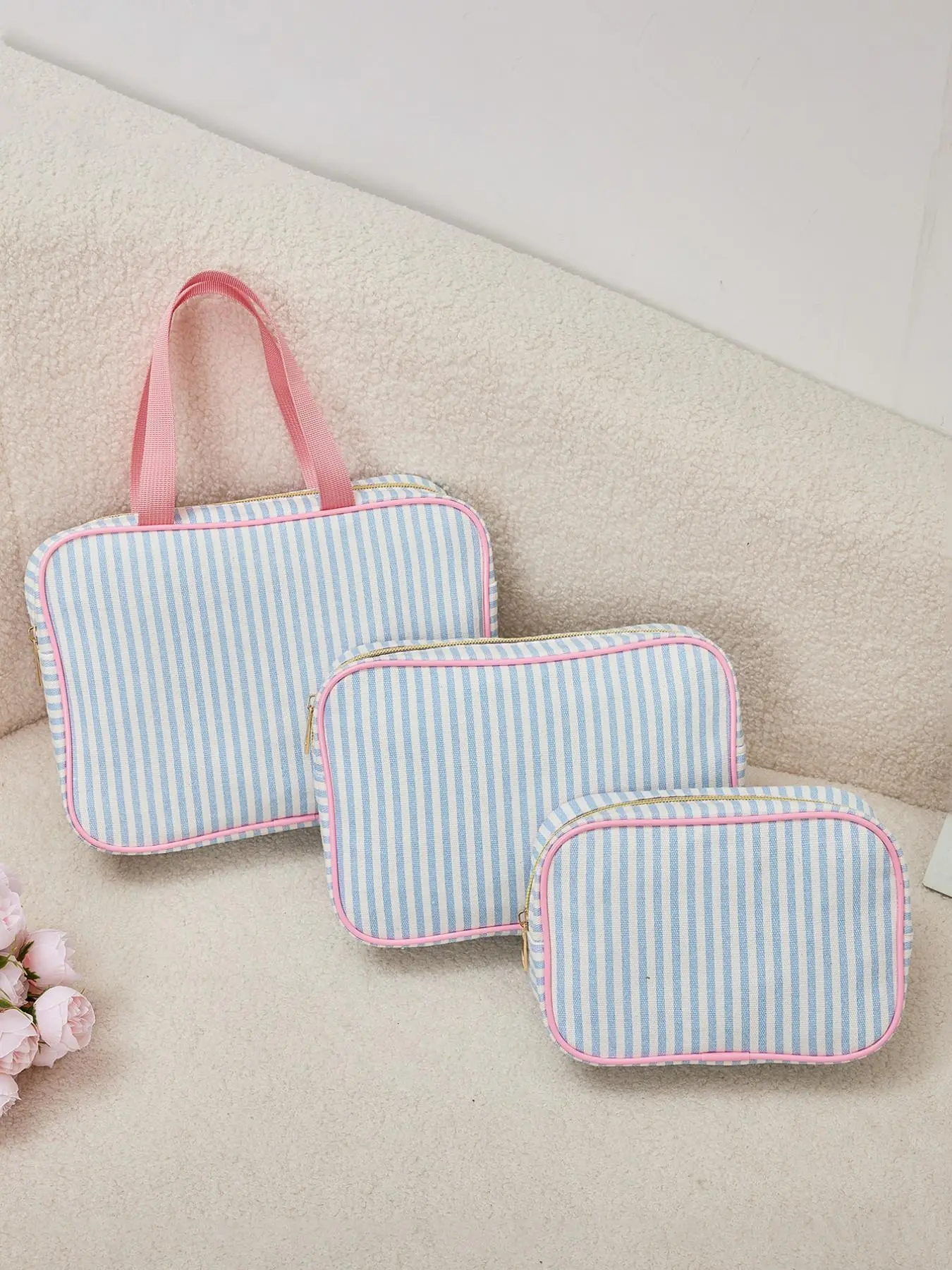 Striped Pattern Makeup Bag Set, Large Capacity Cosmetic Storage Bag with Zipper & Handle, Versatile Storage Bag for Travel & Daily Use