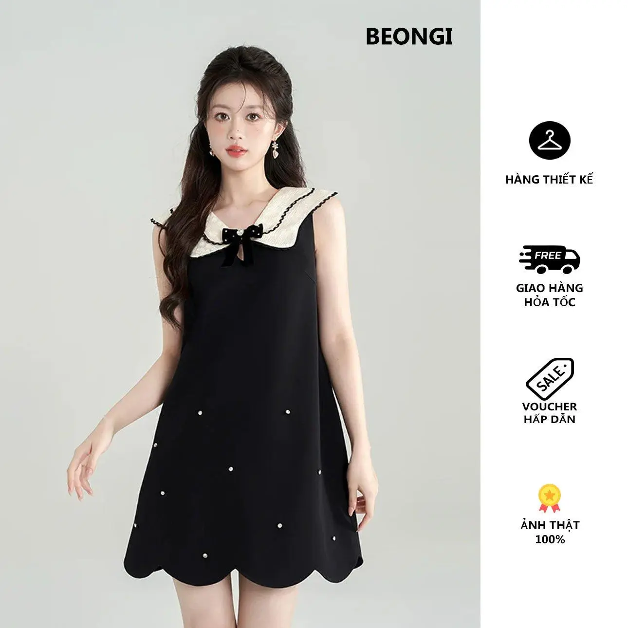 Đầm Suông BEONGI Cổ Nơ Phối Viền Đính Đá Sang Trọng Nữ Women Dress Màu Đen Váy